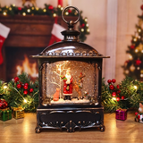 Decorative Christmas lantern with Santa Claus figure in a festive setting with lights and trees.