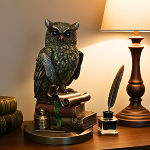 Decorative owl statue on books with a lamp in the background