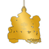 Gold Christmas ornament with cut-out designs on a white background