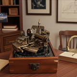 Antique Style Brass Navigation Sextant In Wooden Box With Glass Lid