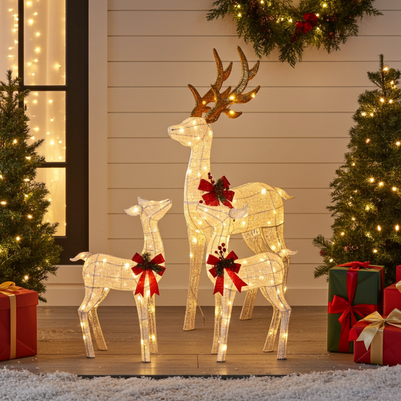Outdoor White LED Light Up Reindeer Family Christmas Display