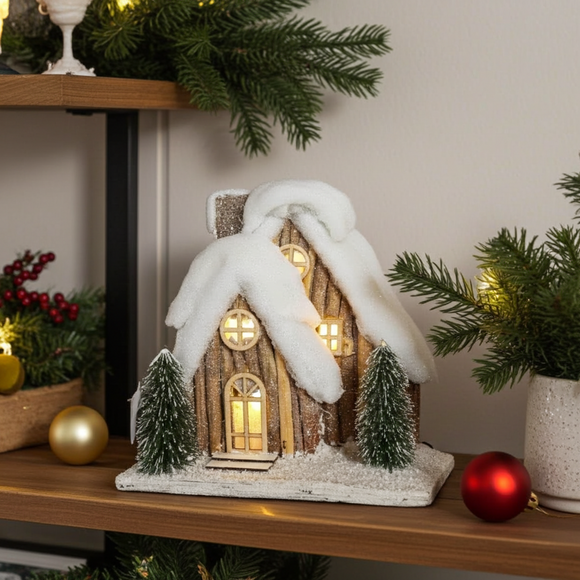 Christmas In The Woods Snowy 25 cm  LED Log Cabin Christmas Decor
