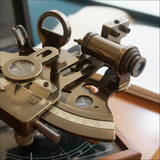 Close-up of a brass sextant on a wooden surface with a blurred background