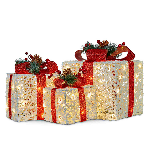 Christmas Present Gift Boxes With Red Hessian Bows And Lights