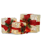 Christmas Present Gift Boxes With Red Hessian Bows And Lights