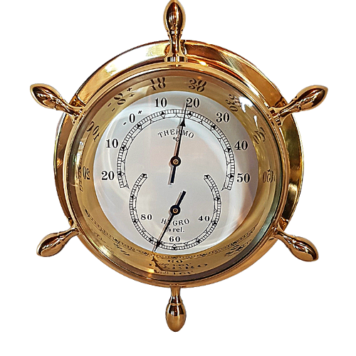 Brass Ships Wheel Thermometer and Hygrometer Instrument Gauge