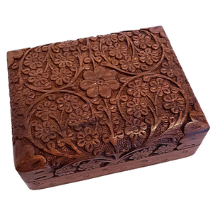 Rose Wood Carved Flowers Playing Card Box