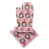 Christmas  Holly Berries Wreath Oven Glove & Pot Holder Set