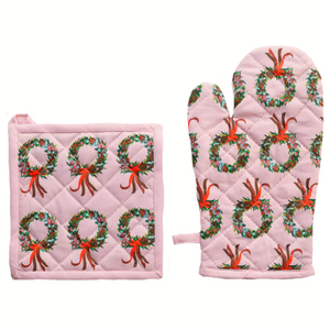Christmas  Holly Berries Wreath Oven Glove & Pot Holder Set