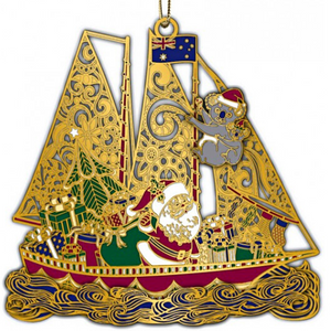 Diorama 3D Aussie Sailing Santa Clauses Christmas Ornament Finished In 18K Gold