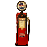 A model of an Ampol Petrol Pump, predominantly red in color with vintage design elements, including a meter and branding, intended as a decorative item.
