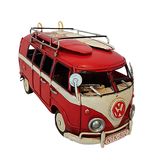 VW Red Kombi Van With Surf Boards