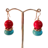 Red Coral, Turquoise and Sterling Silver Earrings
