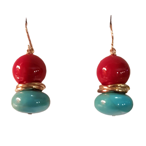 Caribbean Dreams Red Coral and Turquoise .927 Sterling Silver Earrings